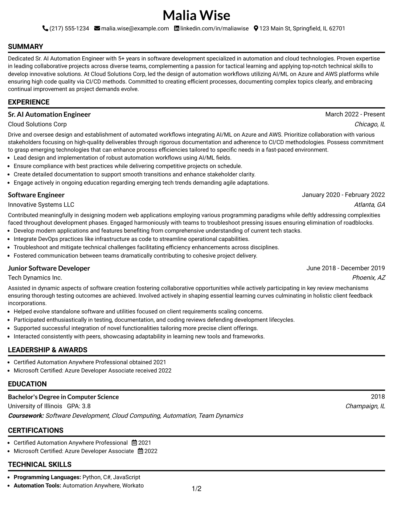 Resume Example Page 1