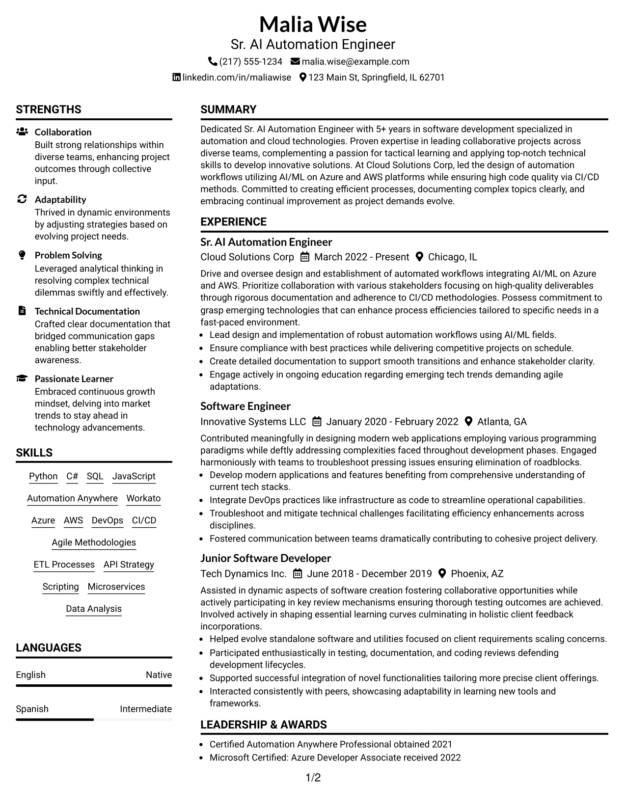 Resume Example Page 1