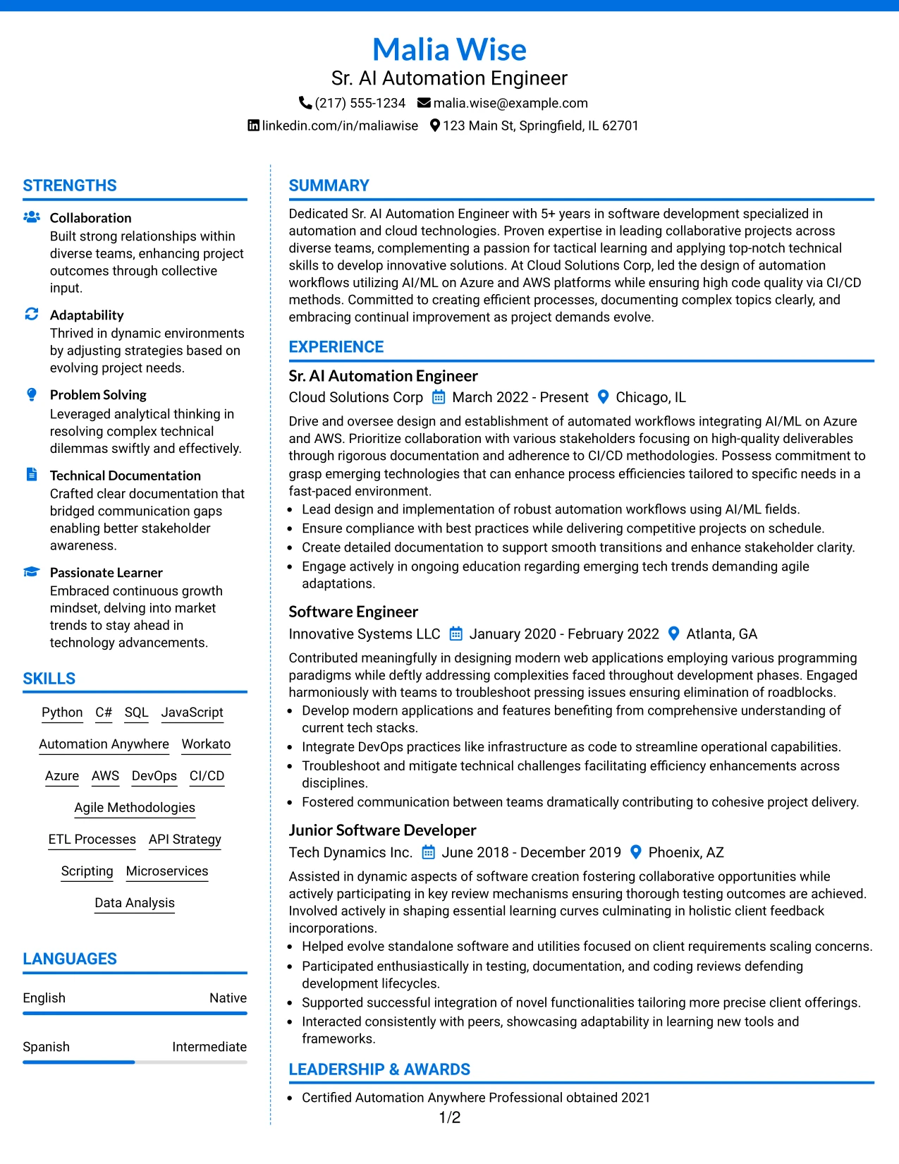 Resume Example Page 1