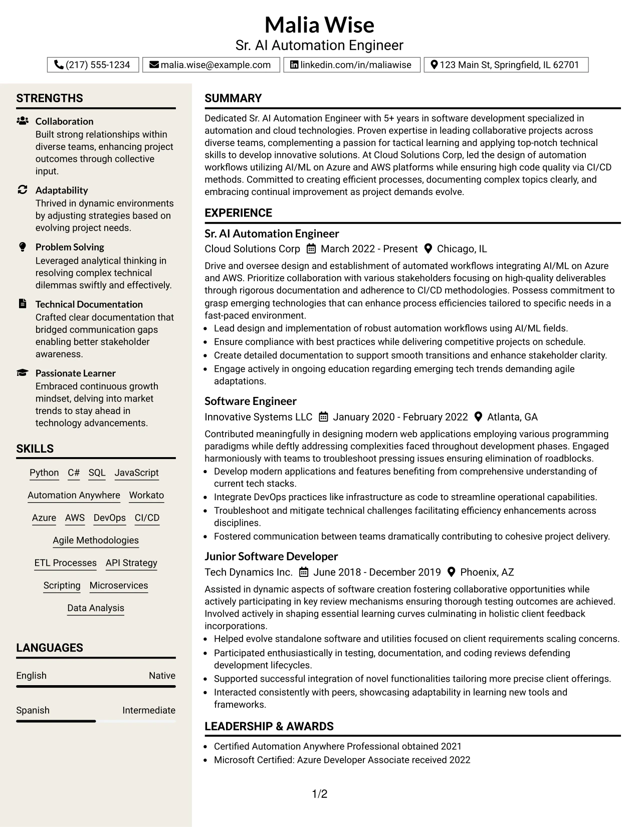 Resume Example Page 1