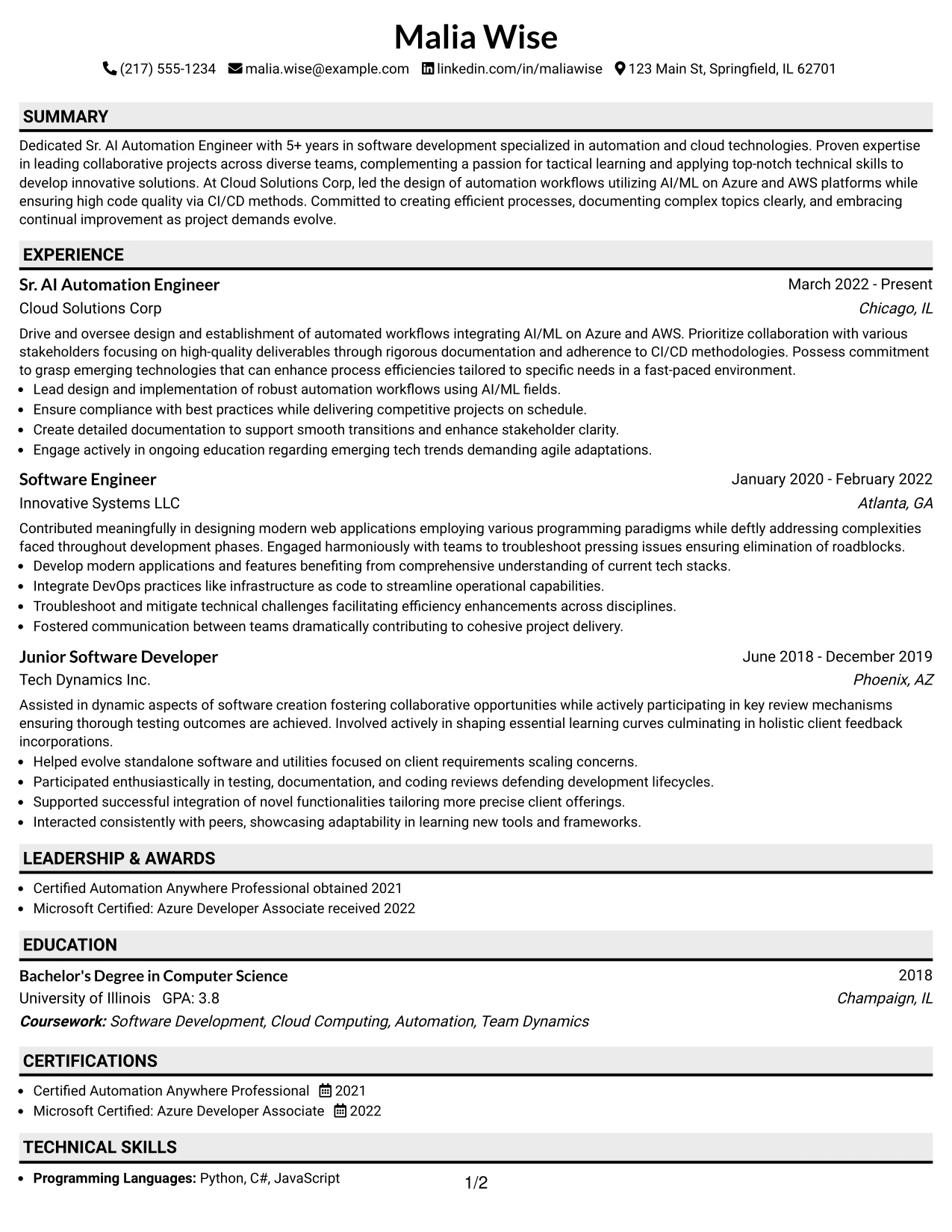 Resume Example Page 1