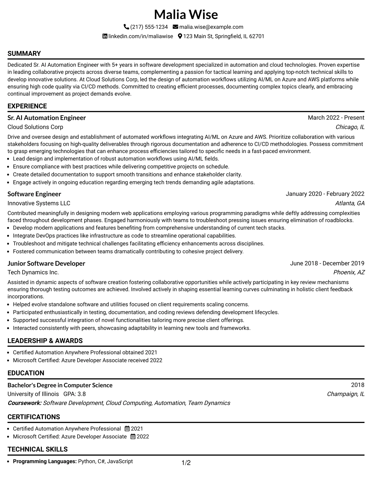 Resume Example Page 1