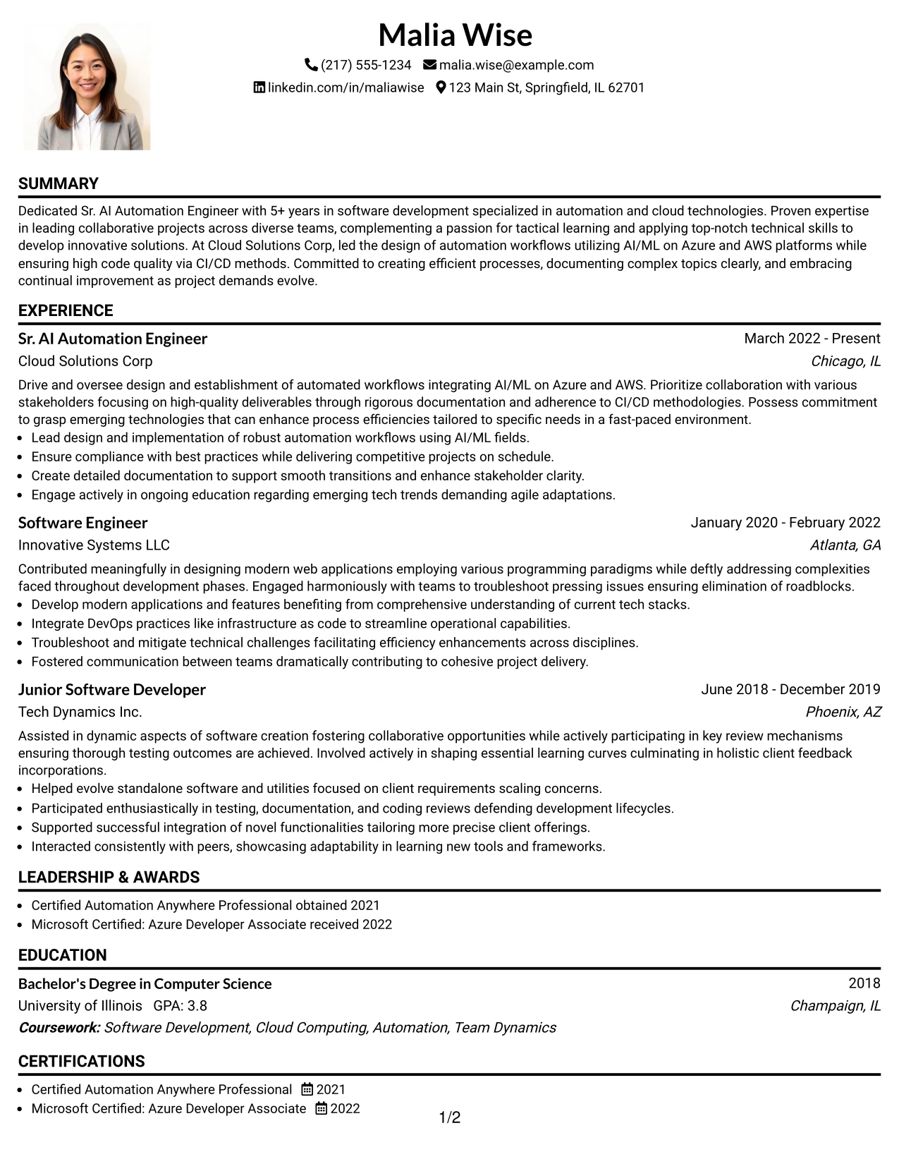 Resume Example Page 1
