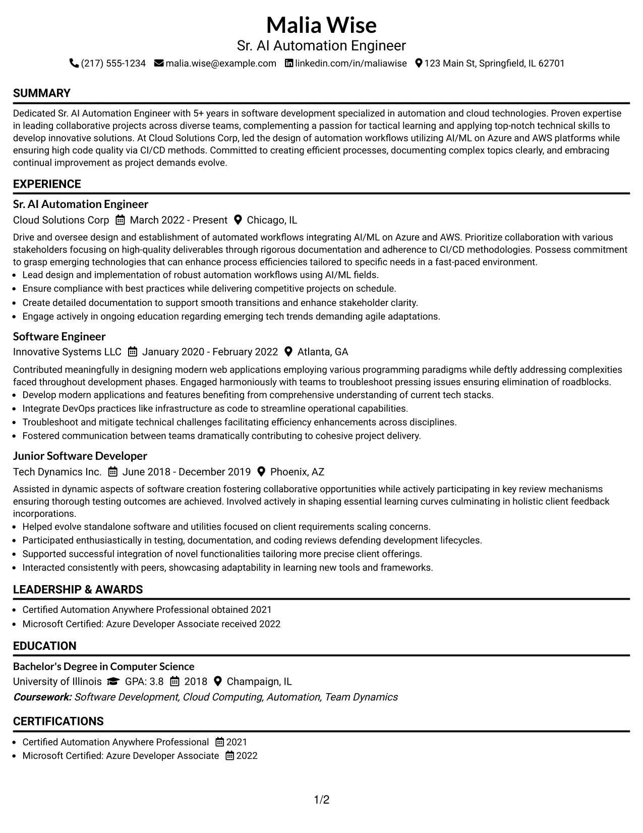Resume Example Page 1