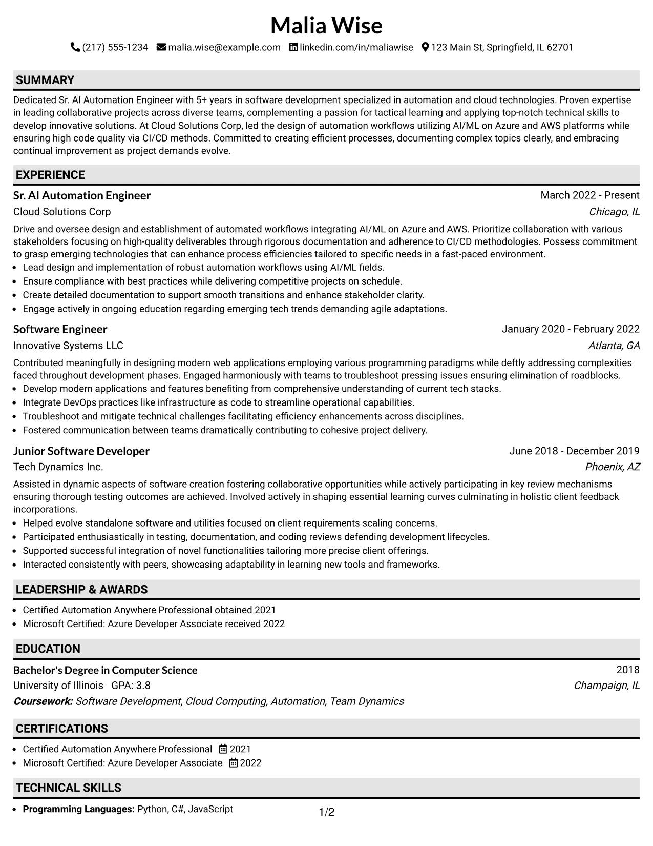 Resume Example Page 1