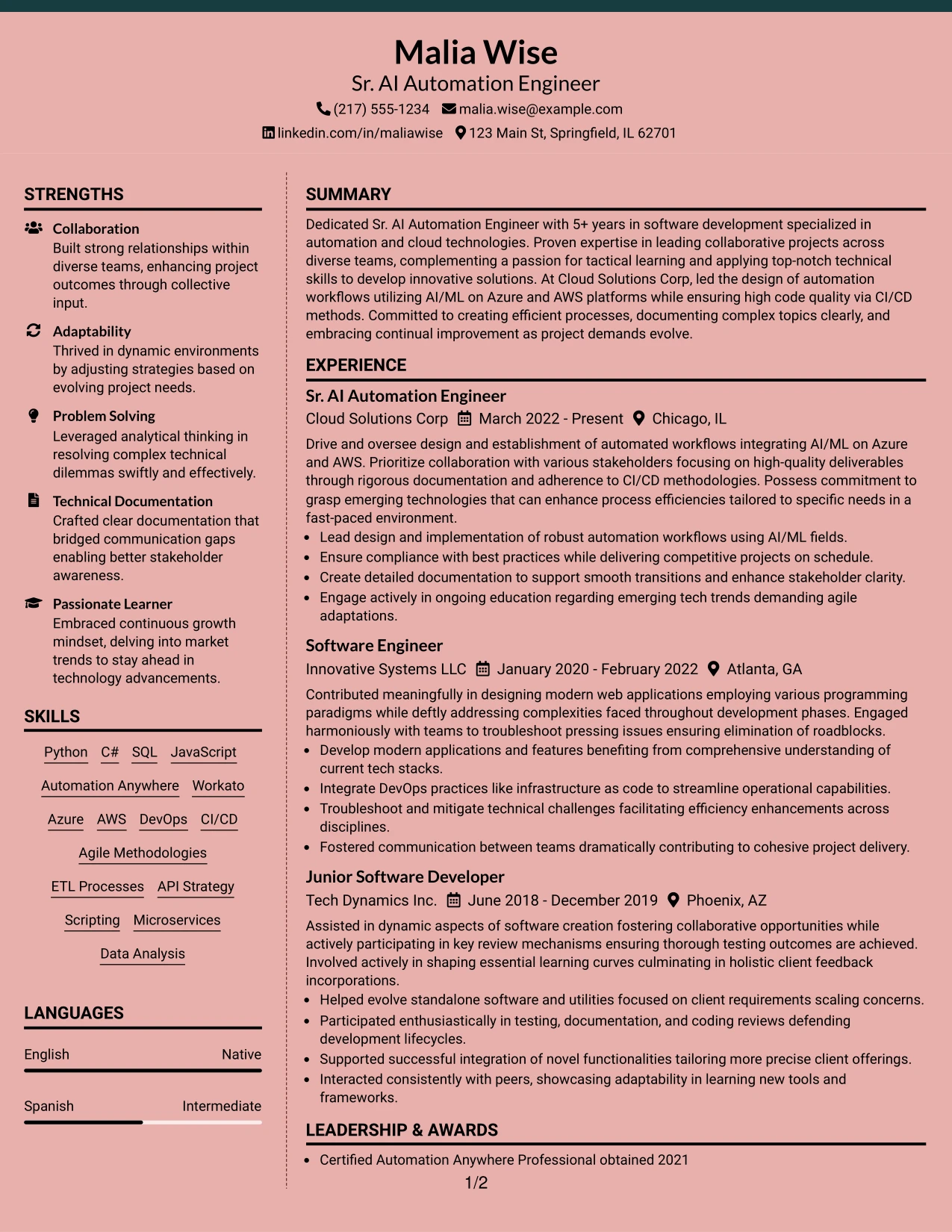 Resume Example Page 1