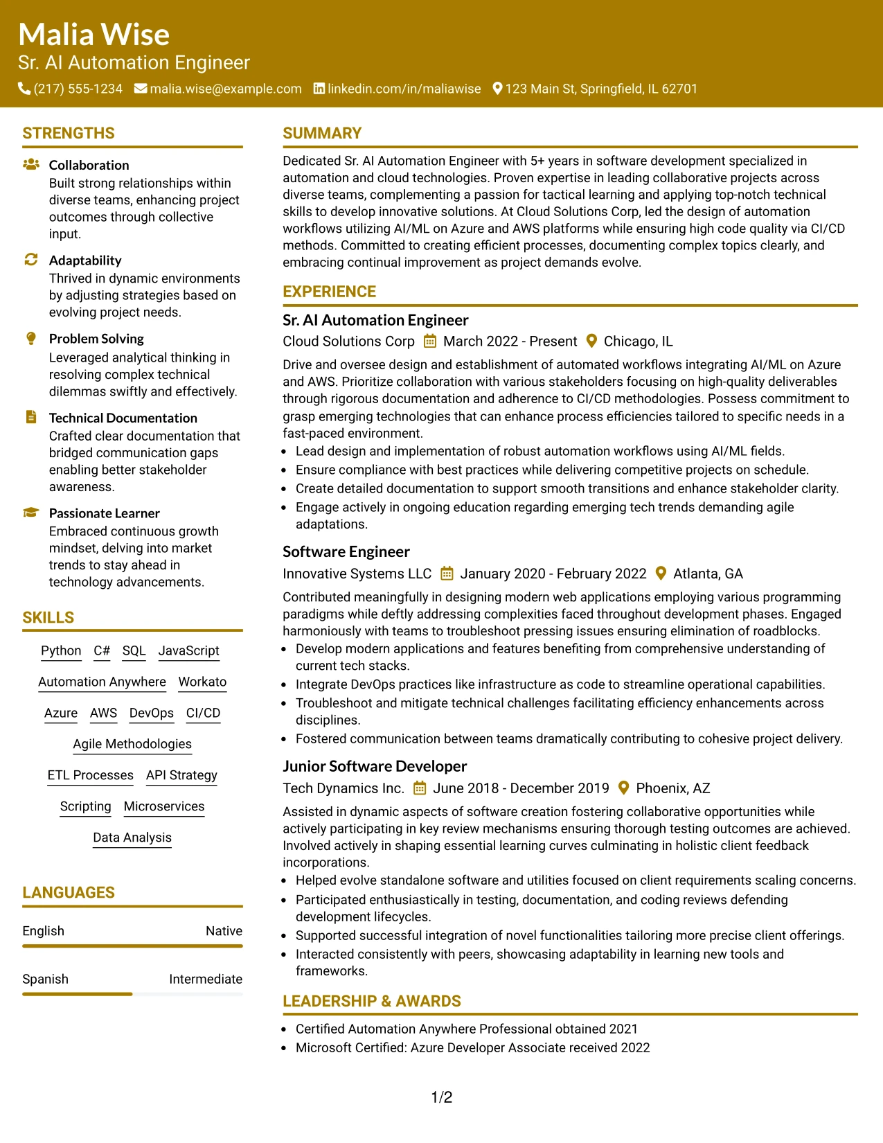 Resume Example Page 1