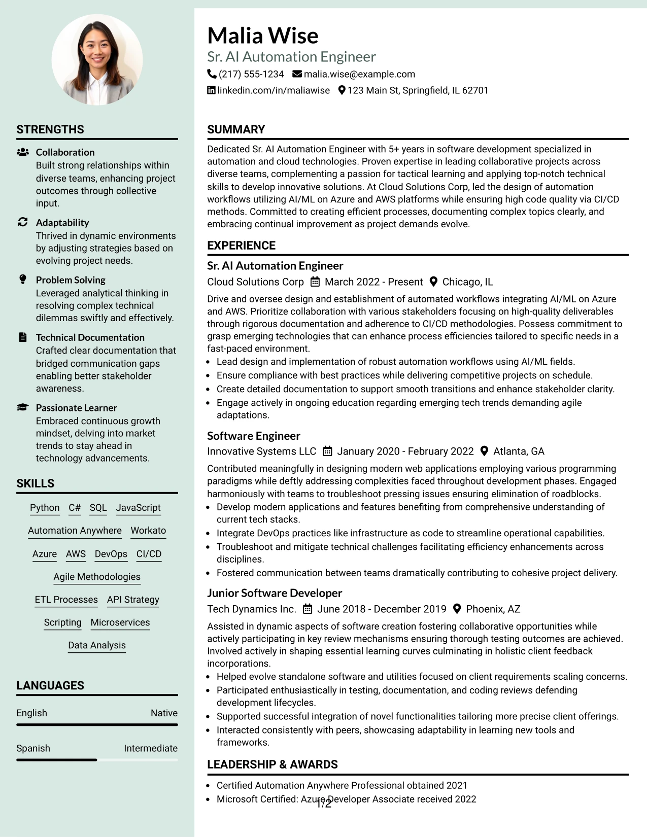 Resume Example Page 1