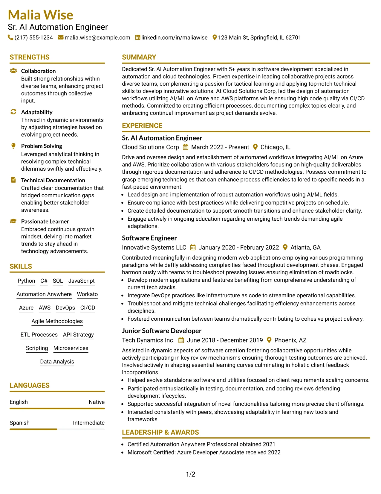 Resume Example Page 1