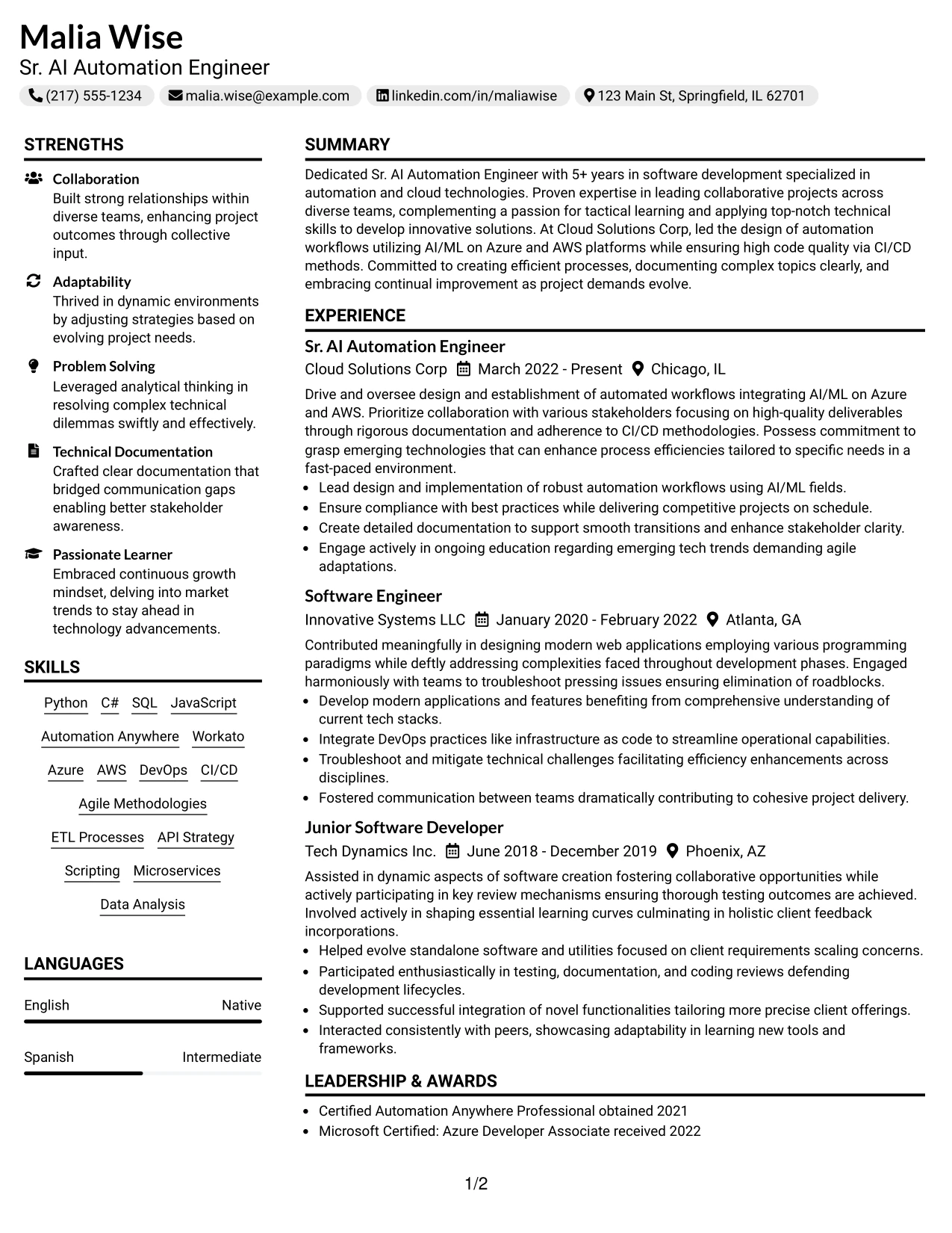Resume Example Page 1
