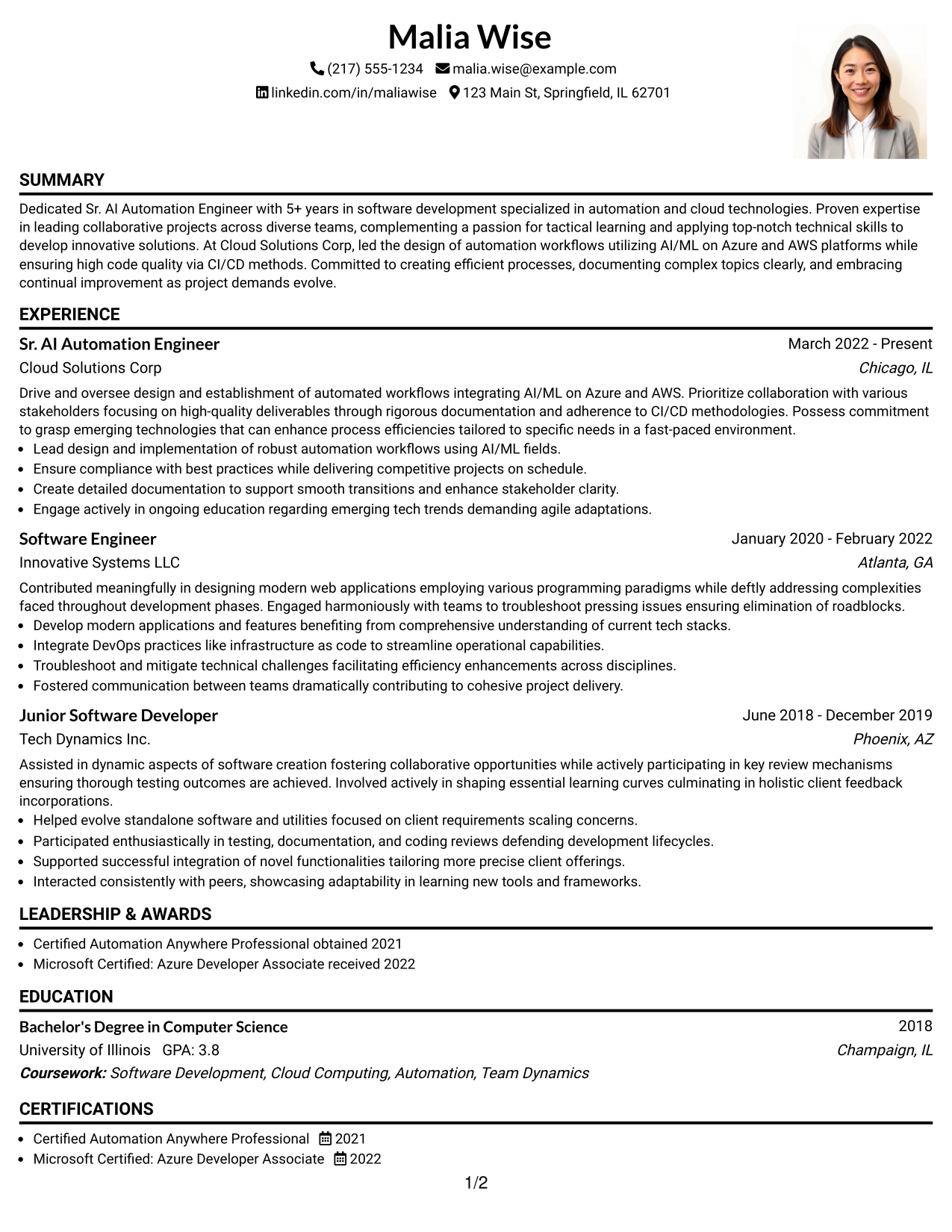 Resume Example Page 1
