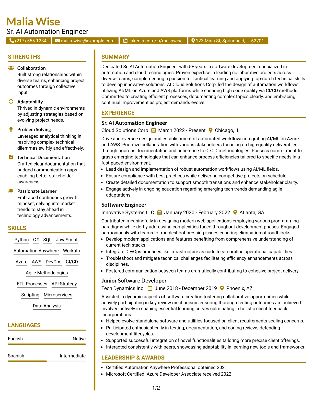 Resume Example Page 1