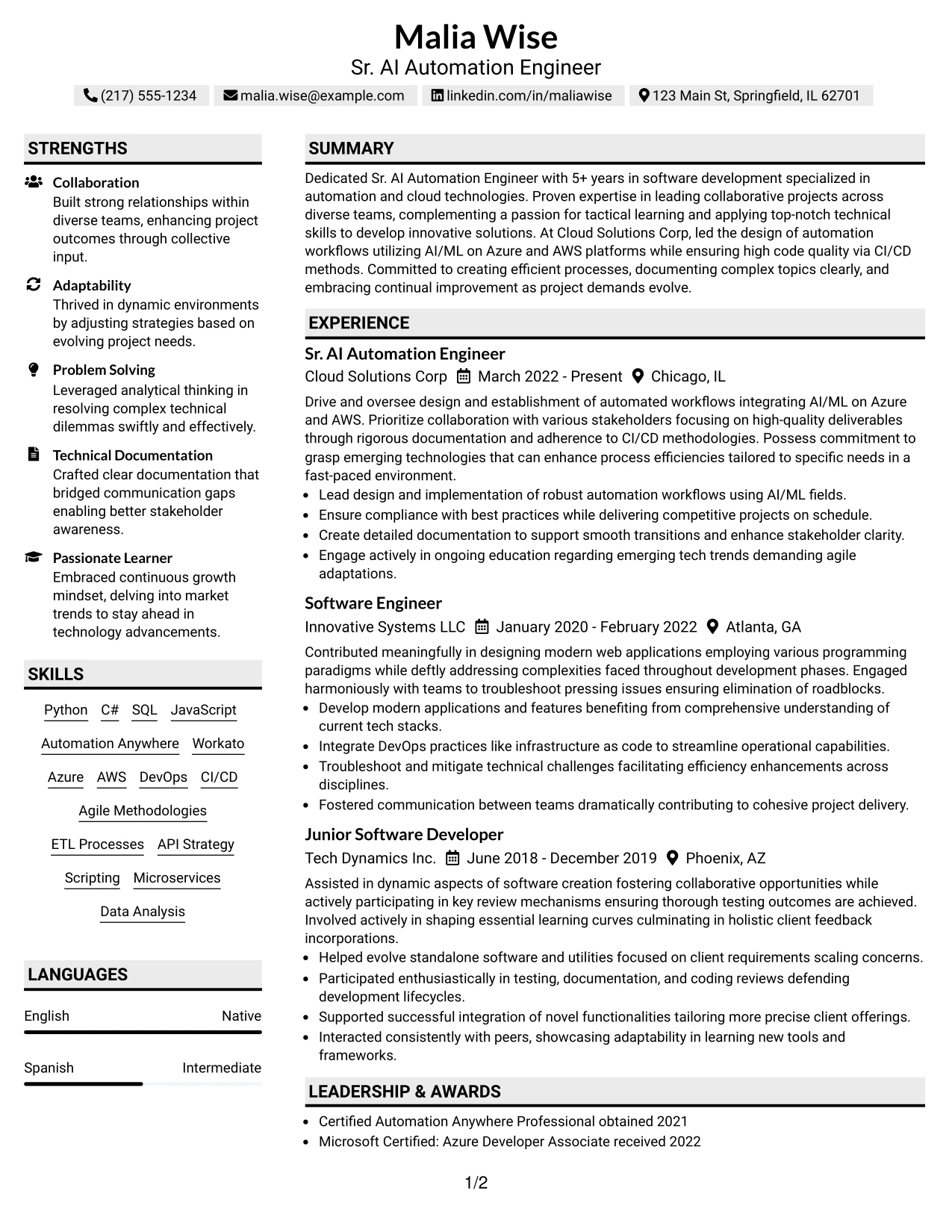 Resume Example Page 1