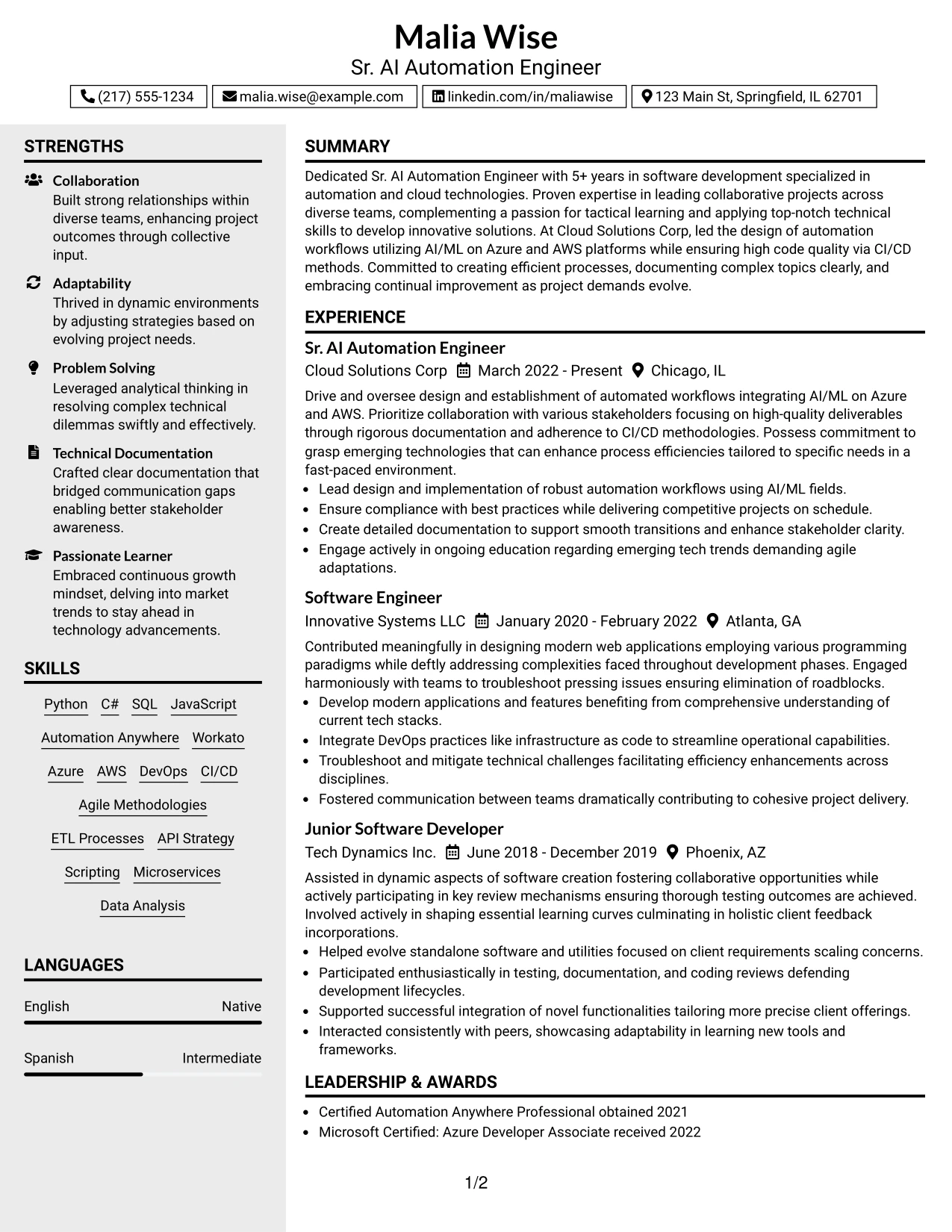 Resume Example Page 1