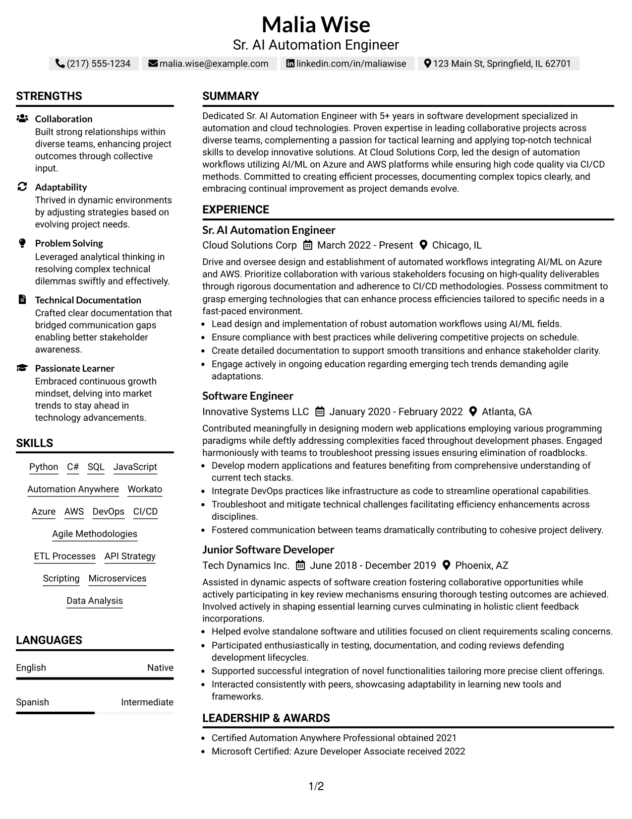 Resume Example Page 1