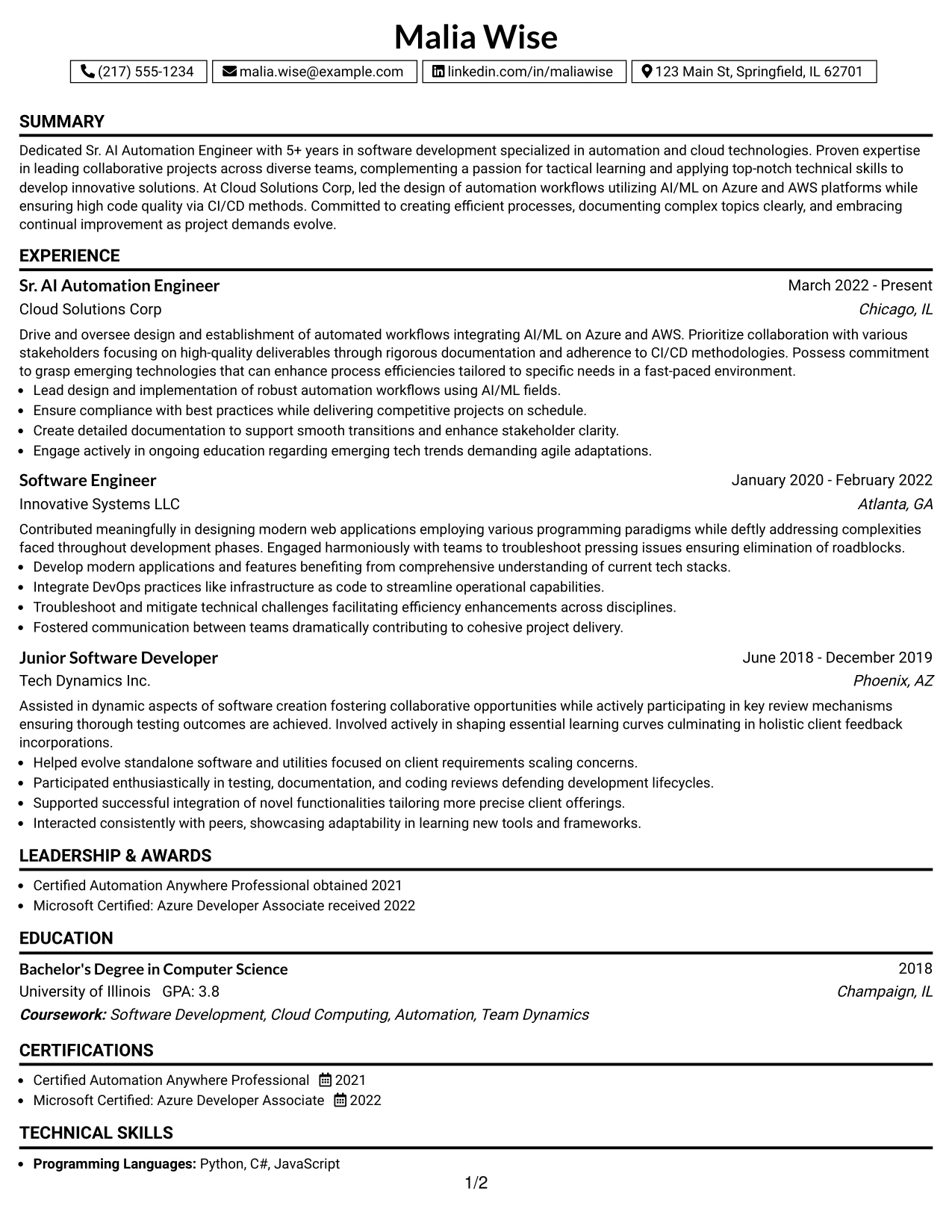 Resume Example Page 1
