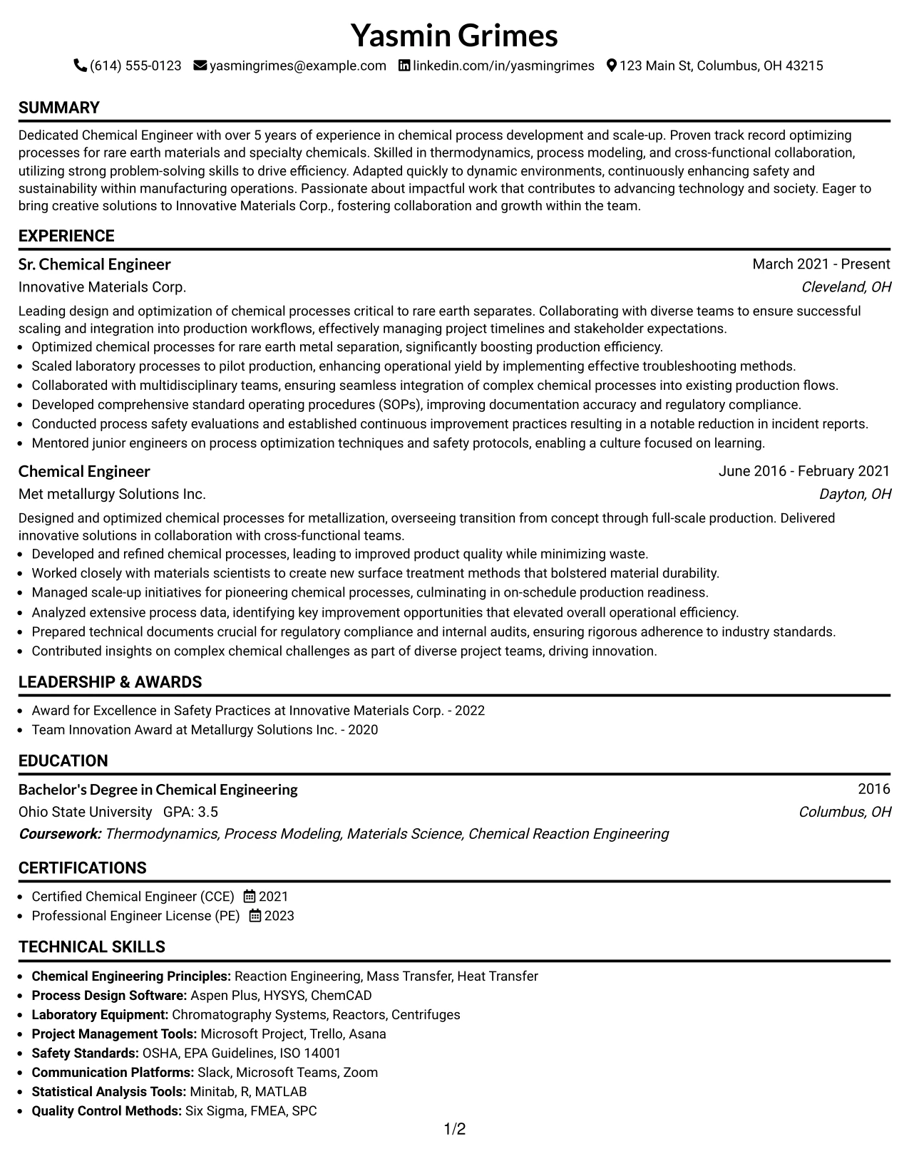 Resume Example Page 1