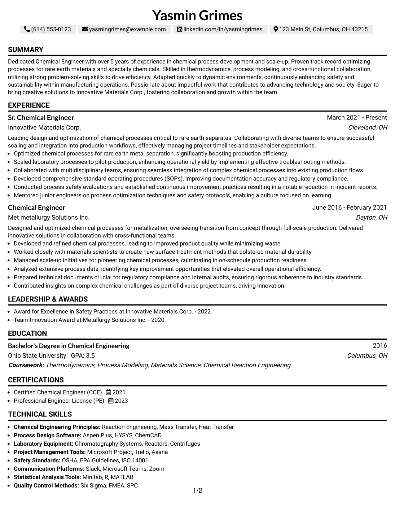 Resume Example Page 1