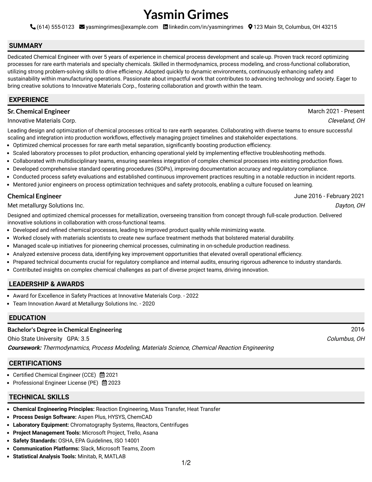 Resume Example Page 1