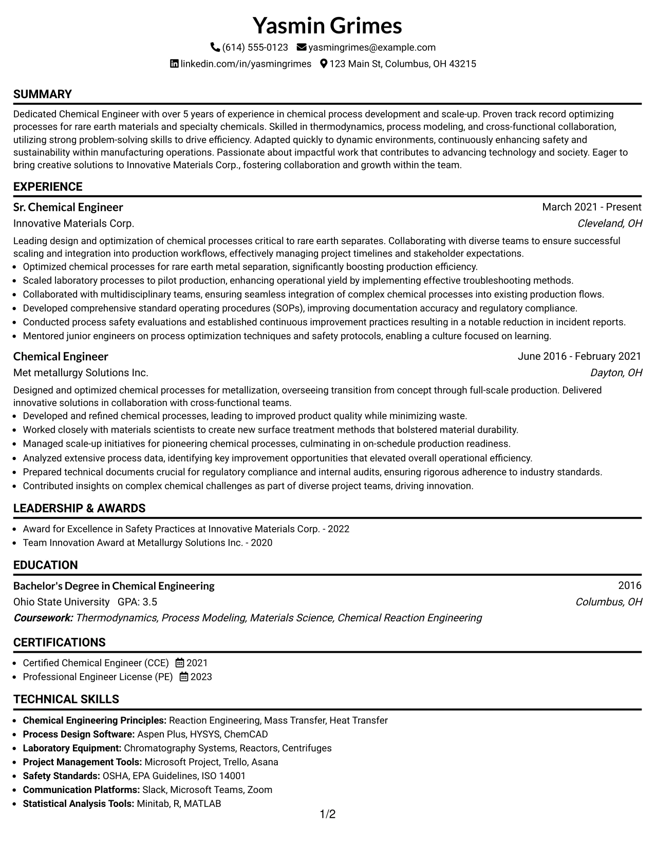 Resume Example Page 1