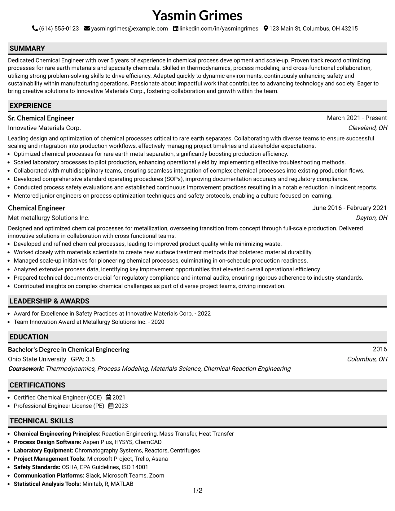 Resume Example Page 1