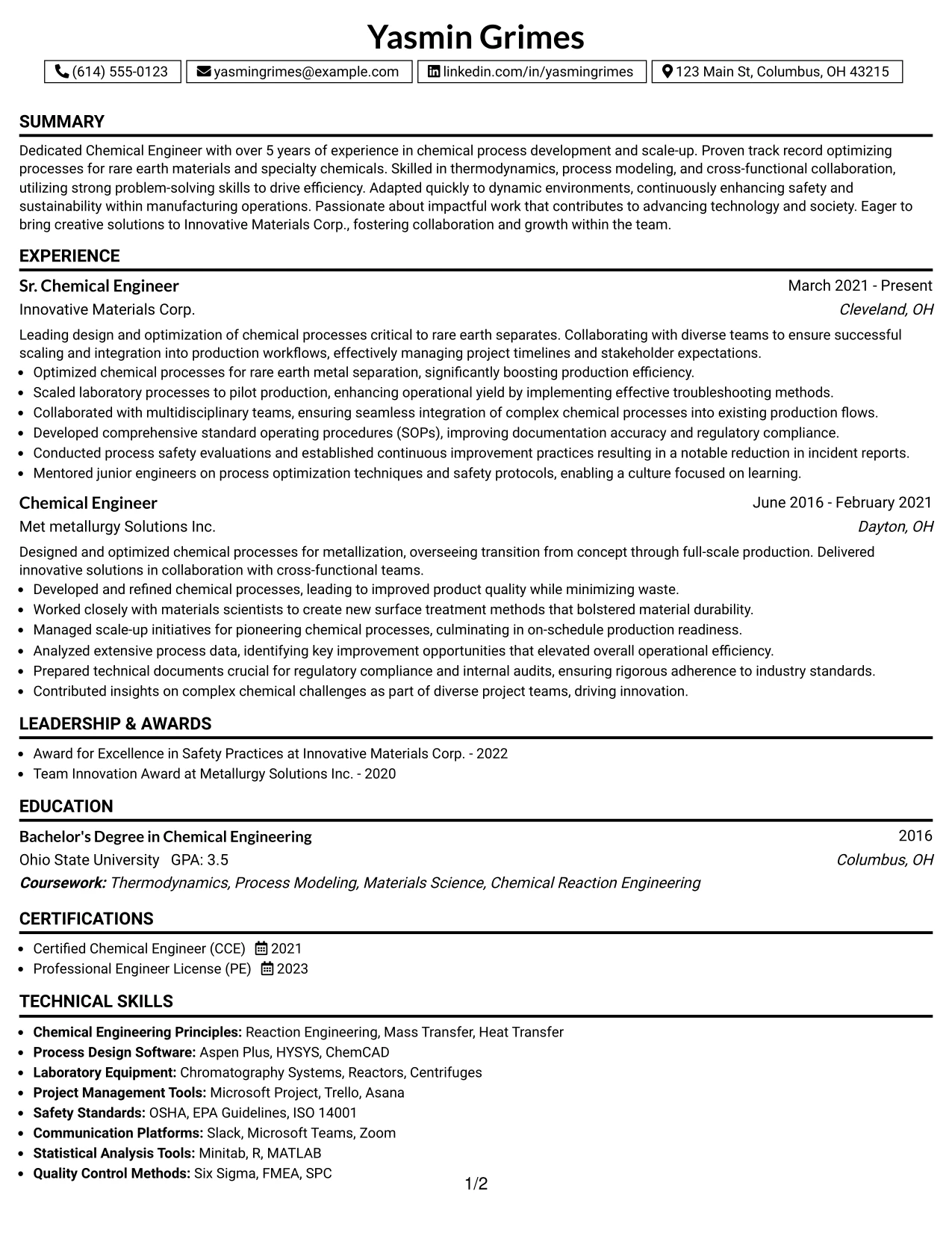 Resume Example Page 1