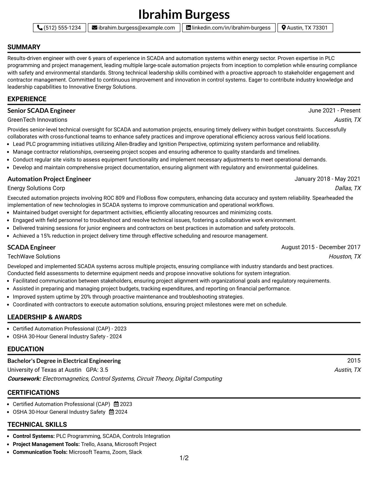 Resume Example Page 1