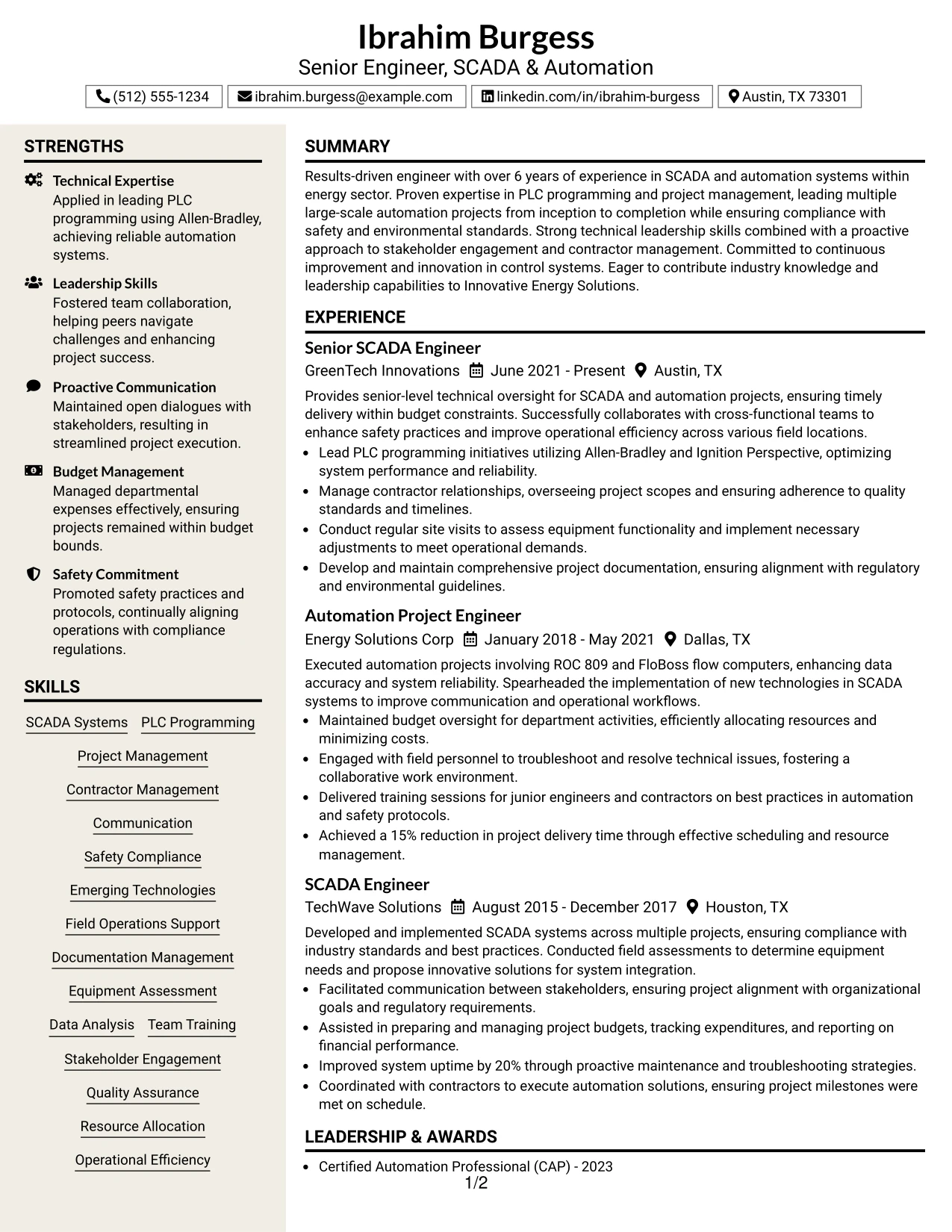 Resume Example Page 1