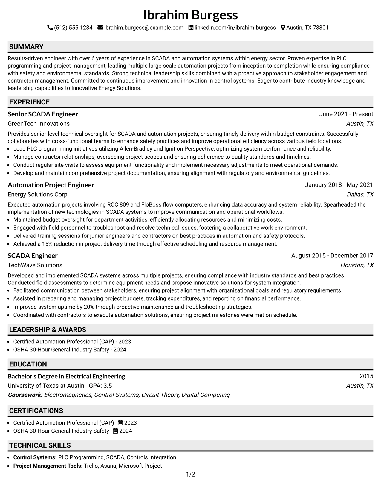 Resume Example Page 1