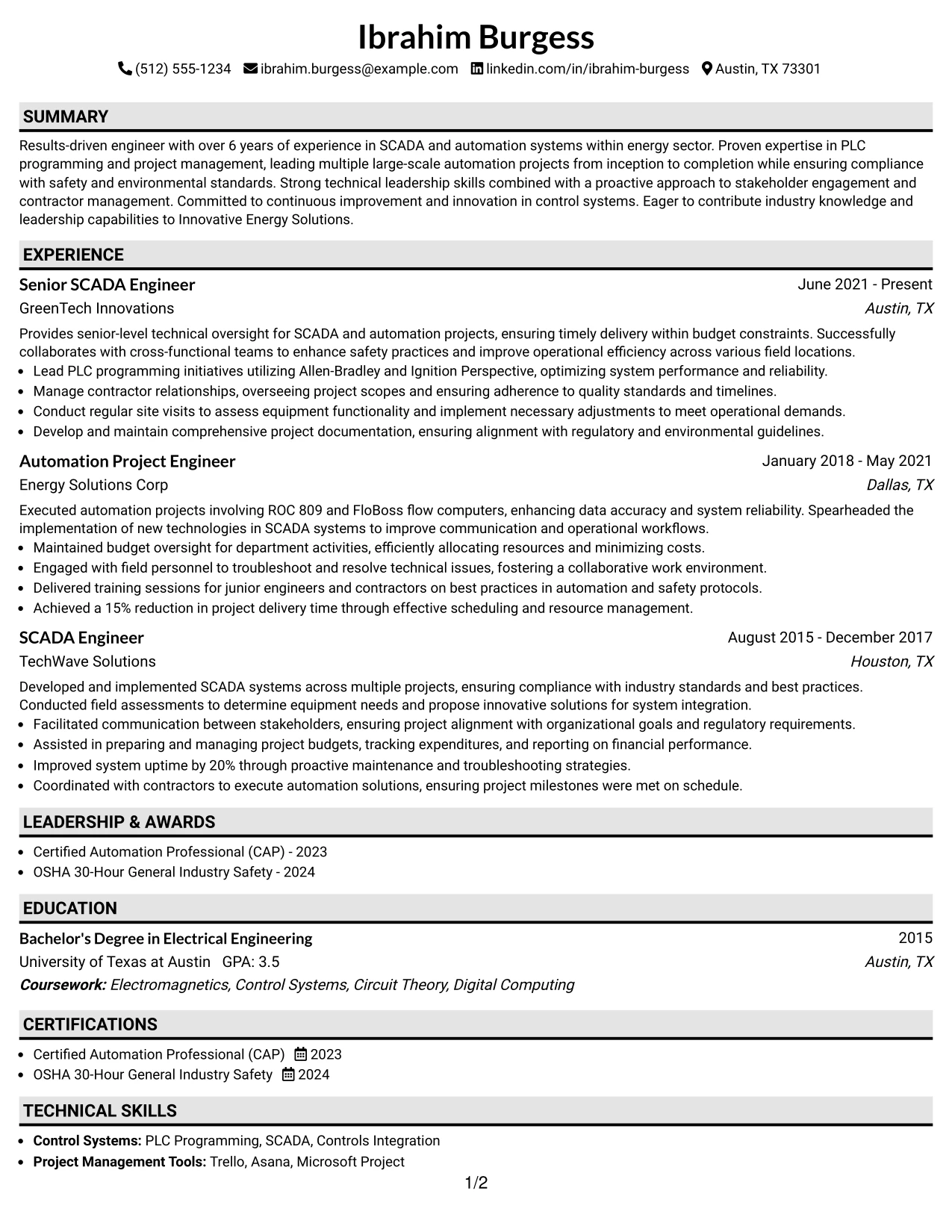 Resume Example Page 1