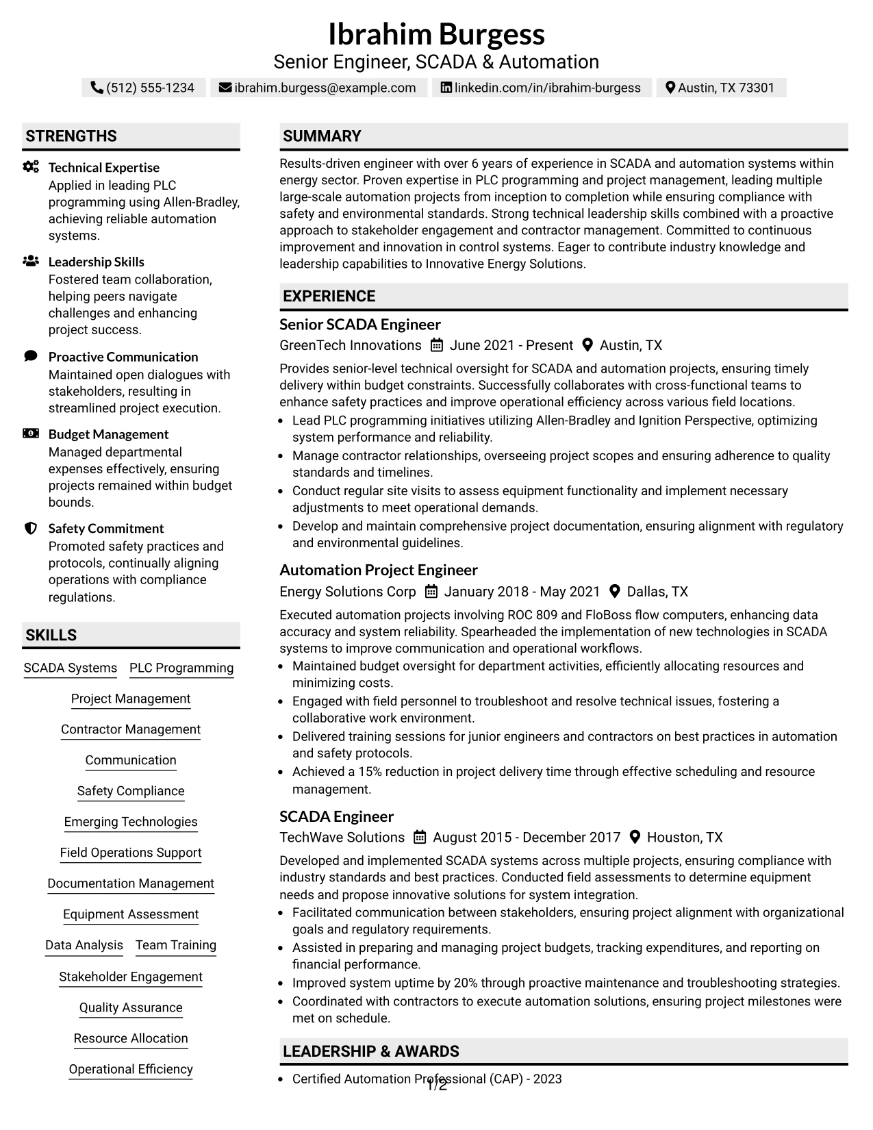 Resume Example Page 1