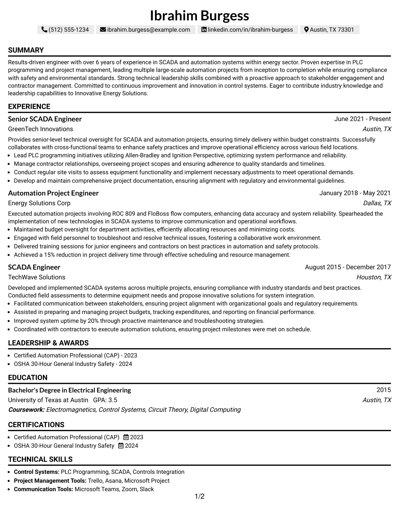 Resume Example Page 1