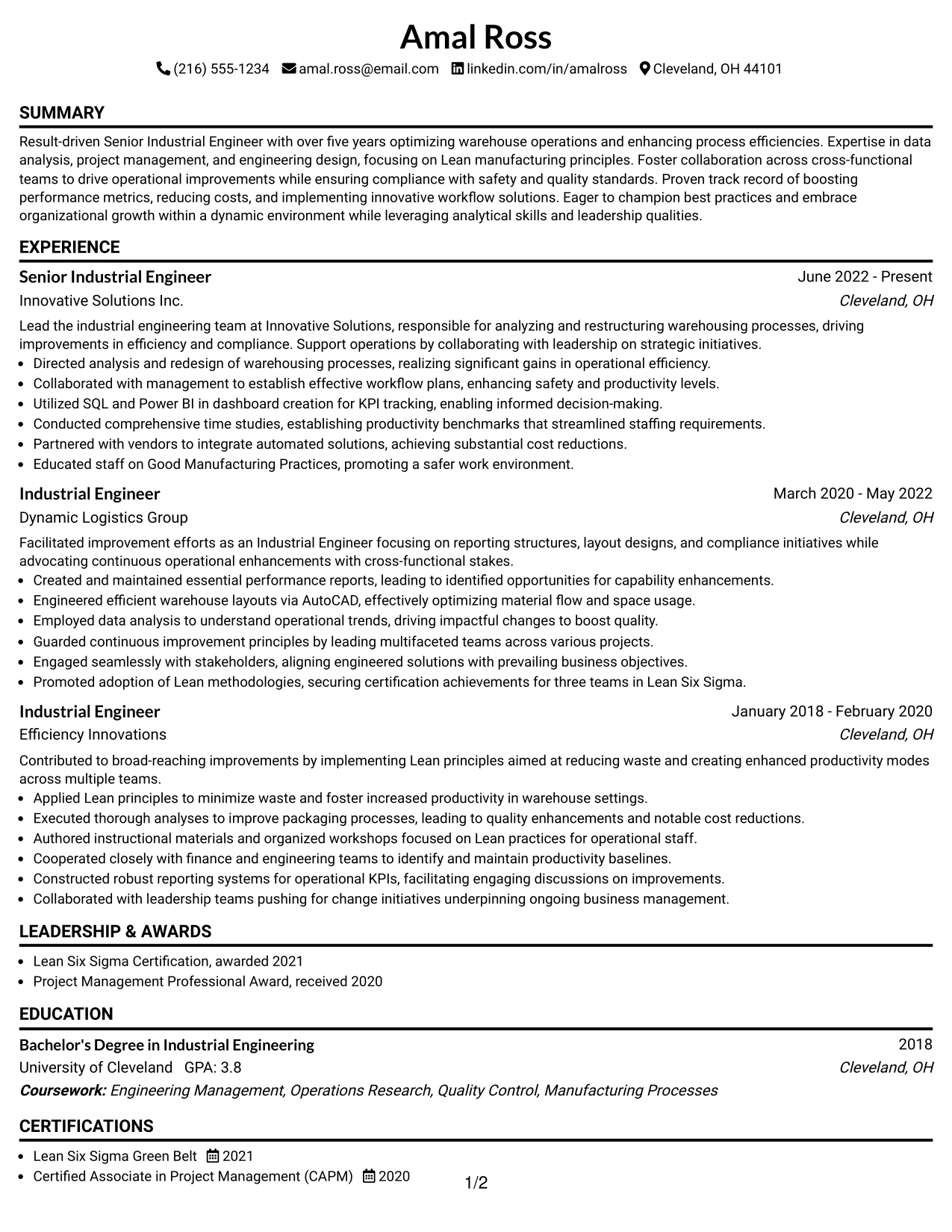 Resume Example Page 1