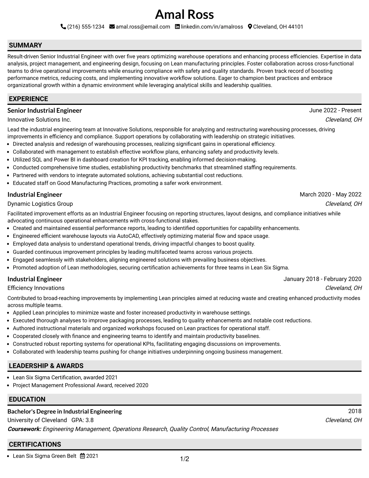 Resume Example Page 1