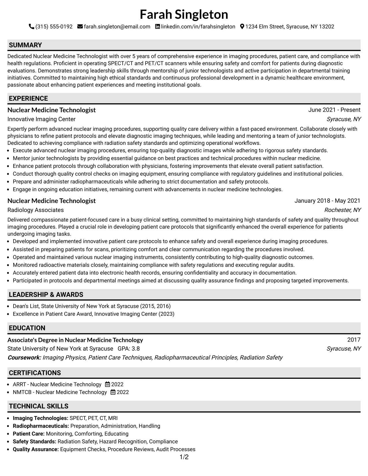 Resume Example Page 1