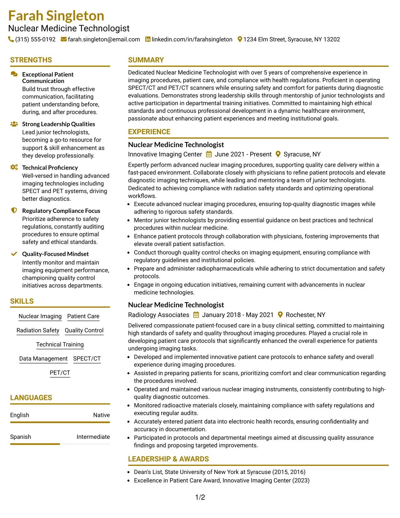 Resume Example Page 1