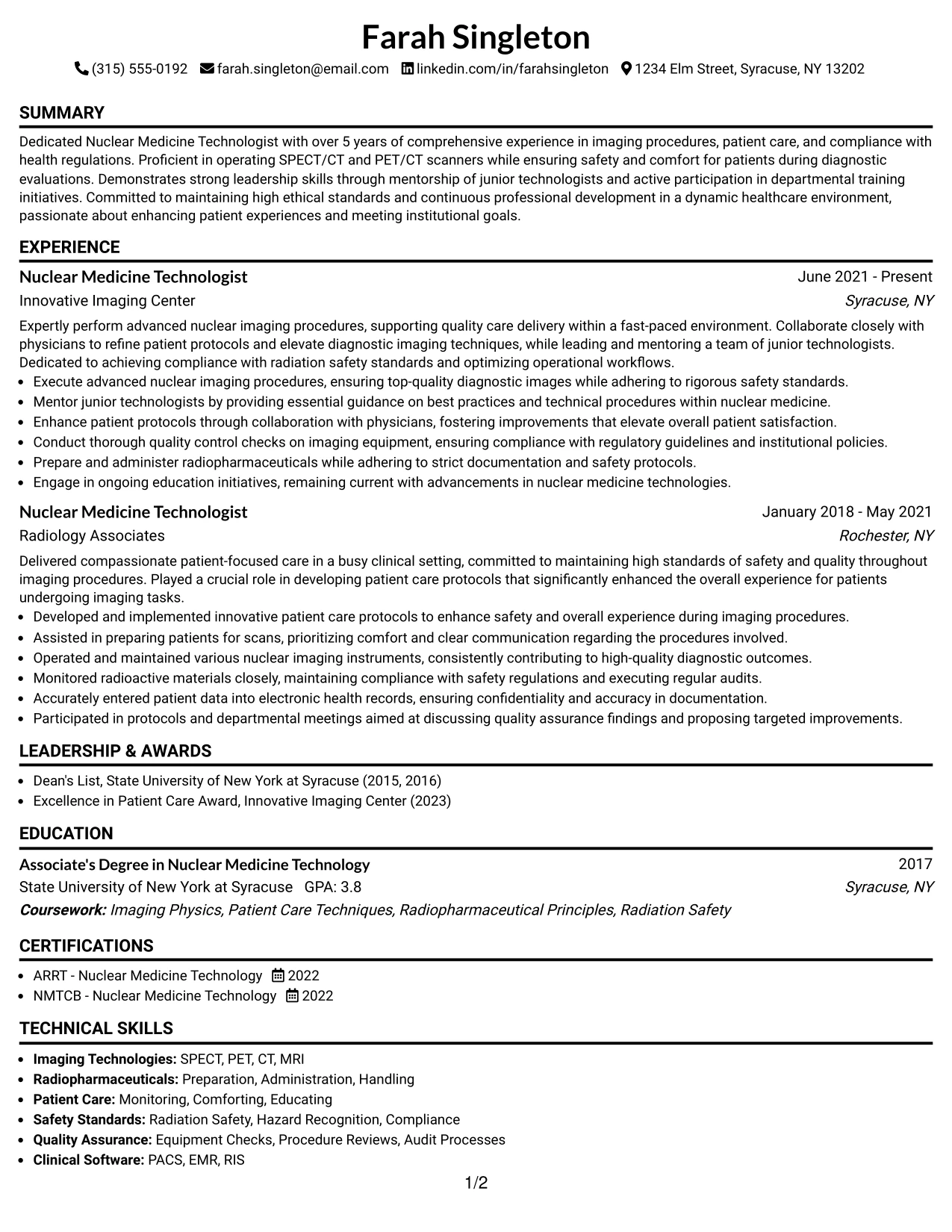 Resume Example Page 1