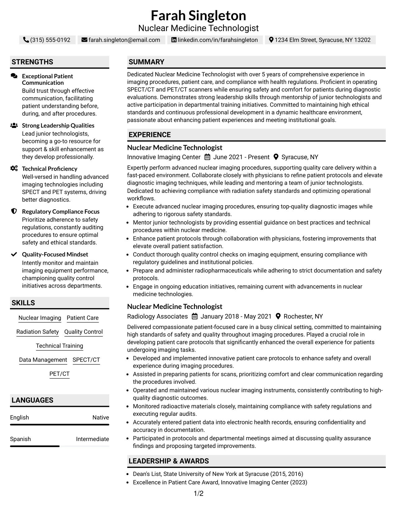 Resume Example Page 1