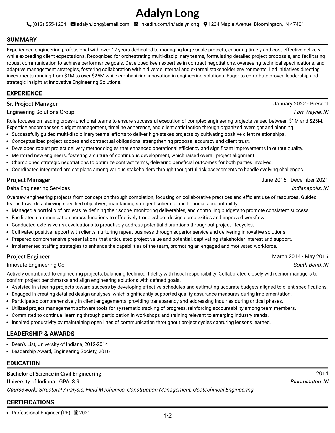 Resume Example Page 1