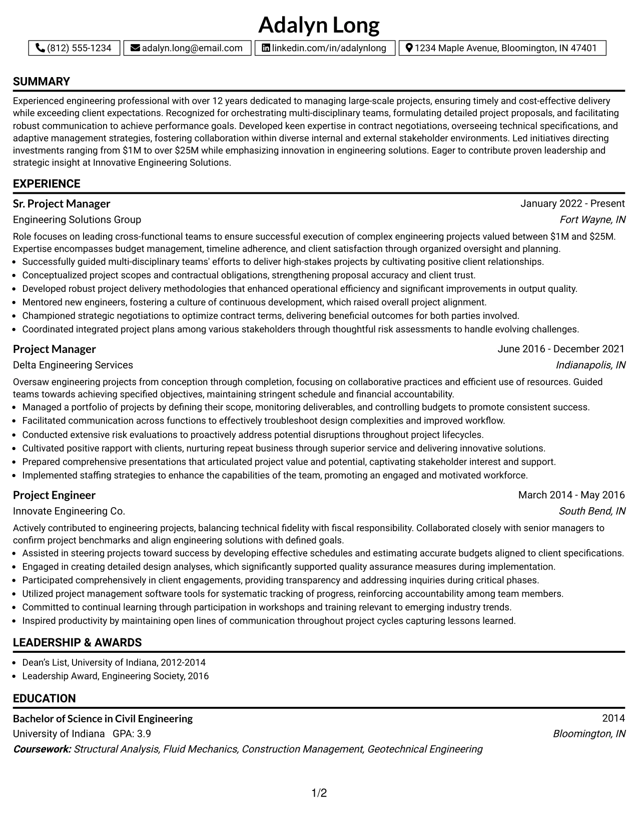 Resume Example Page 1