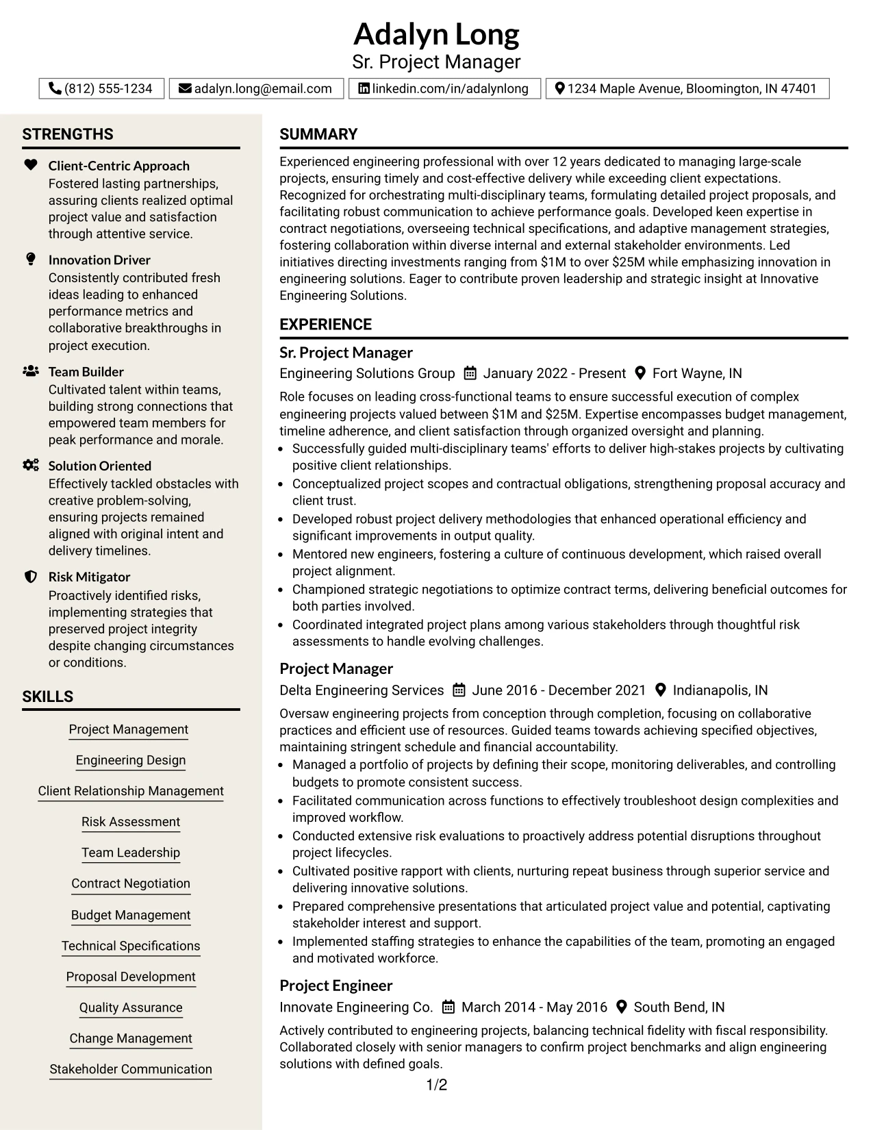 Resume Example Page 1