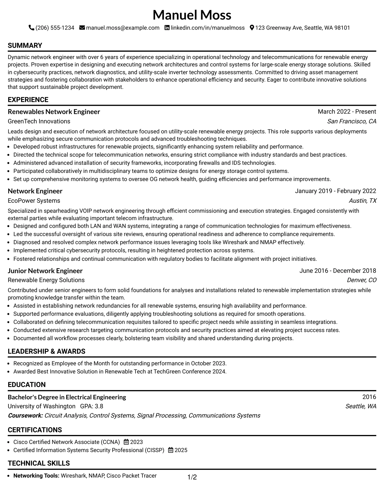 Resume Example Page 1