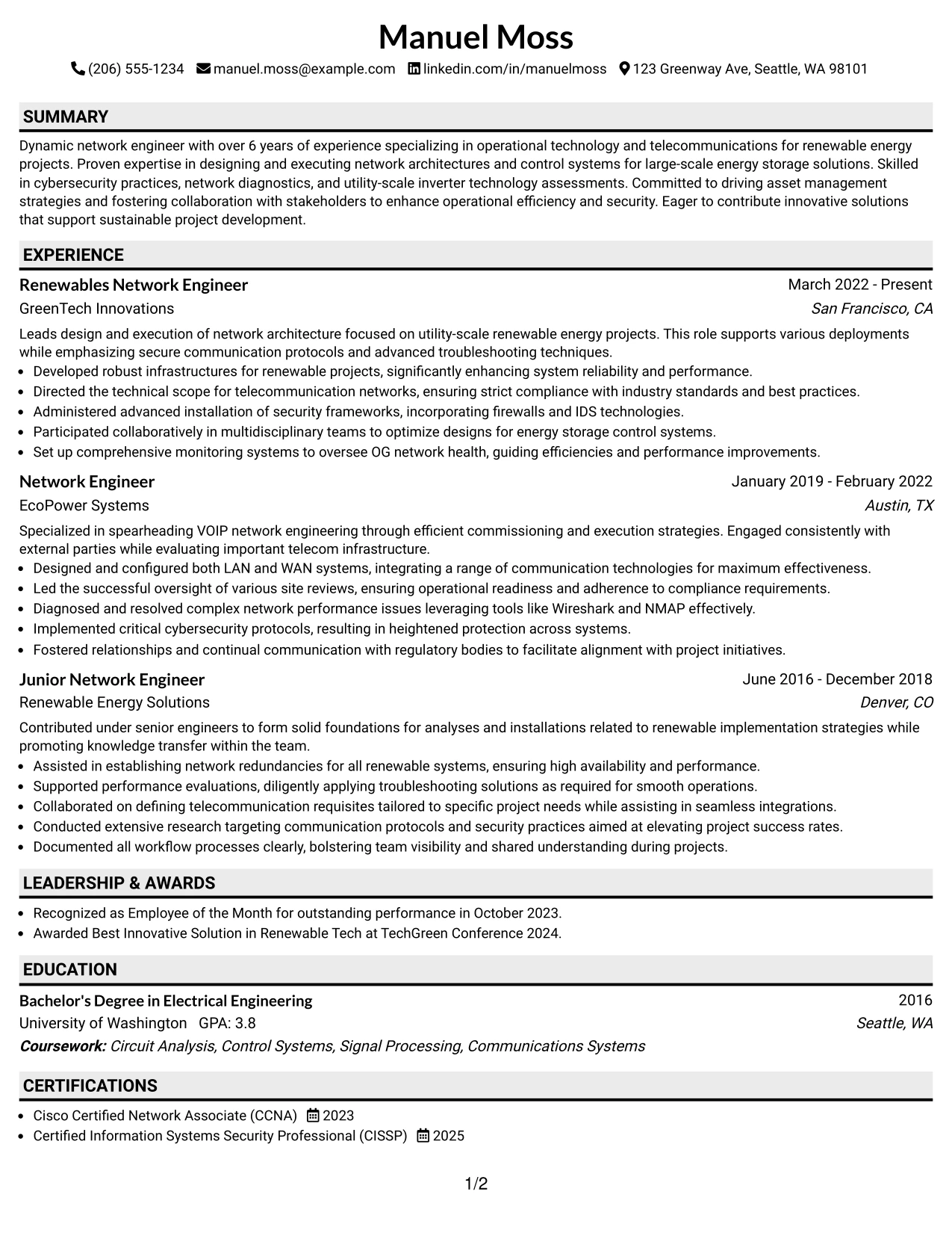 Resume Example Page 1