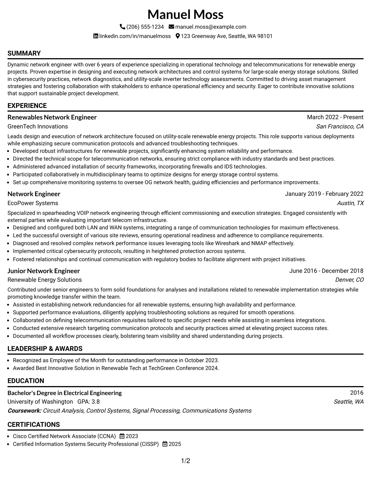 Resume Example Page 1