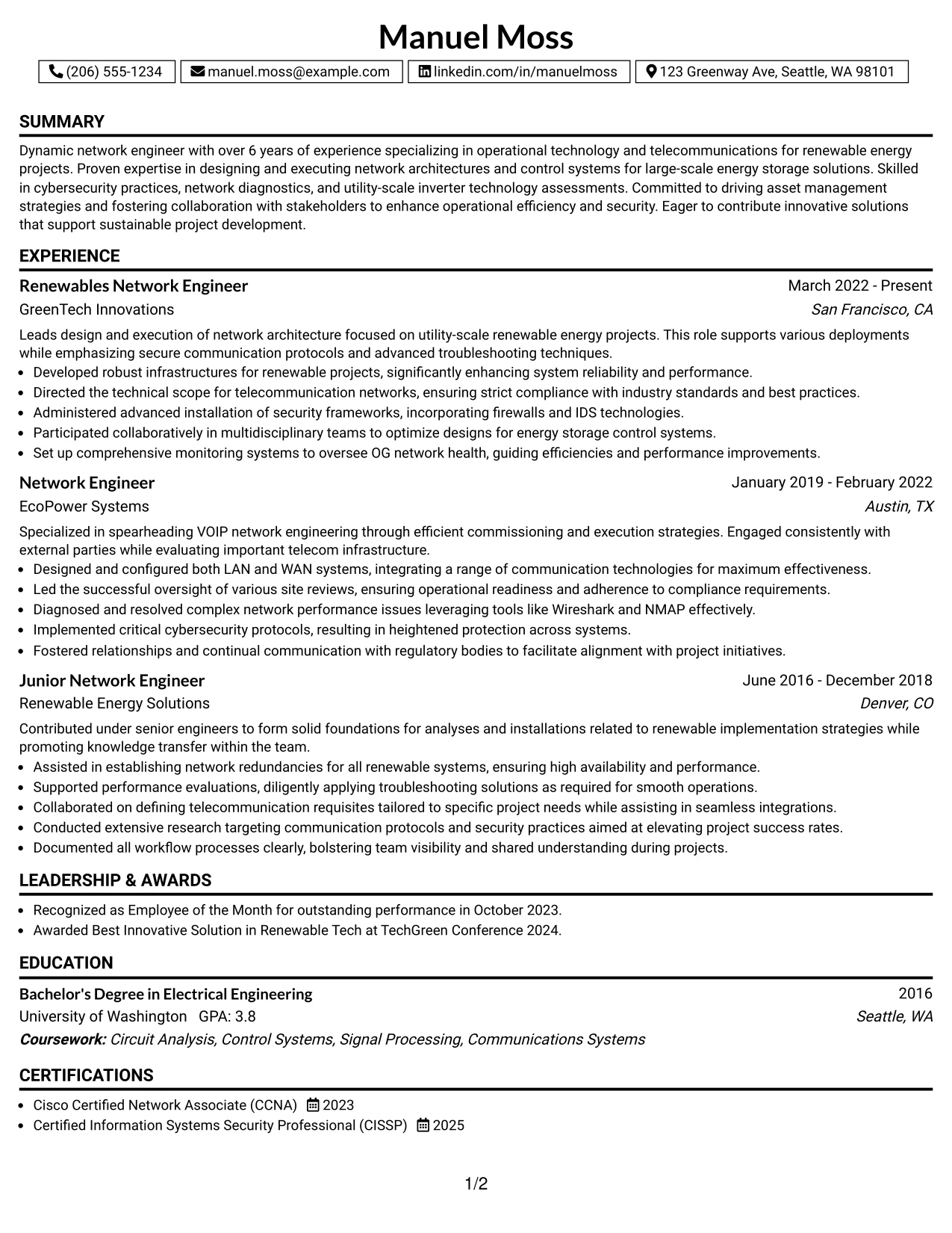Resume Example Page 1
