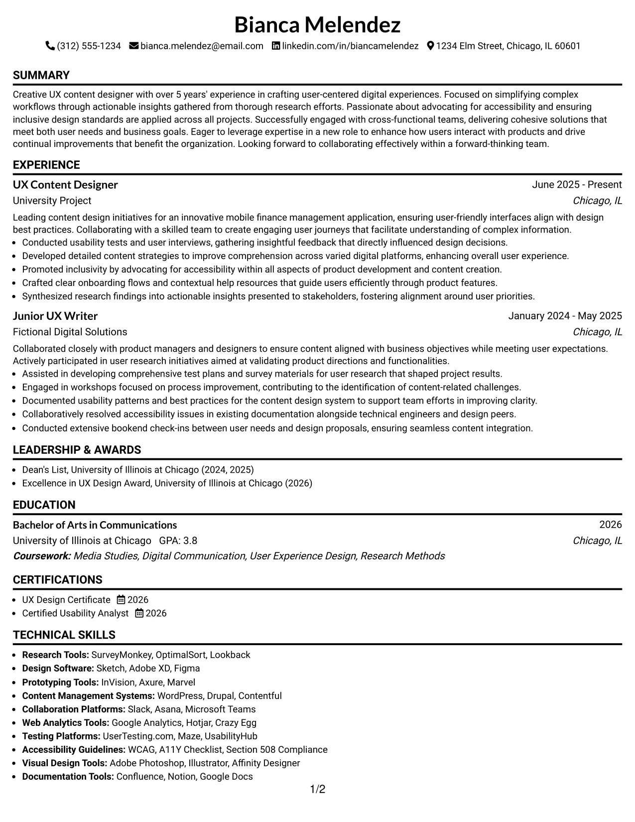 Resume Example Page 1