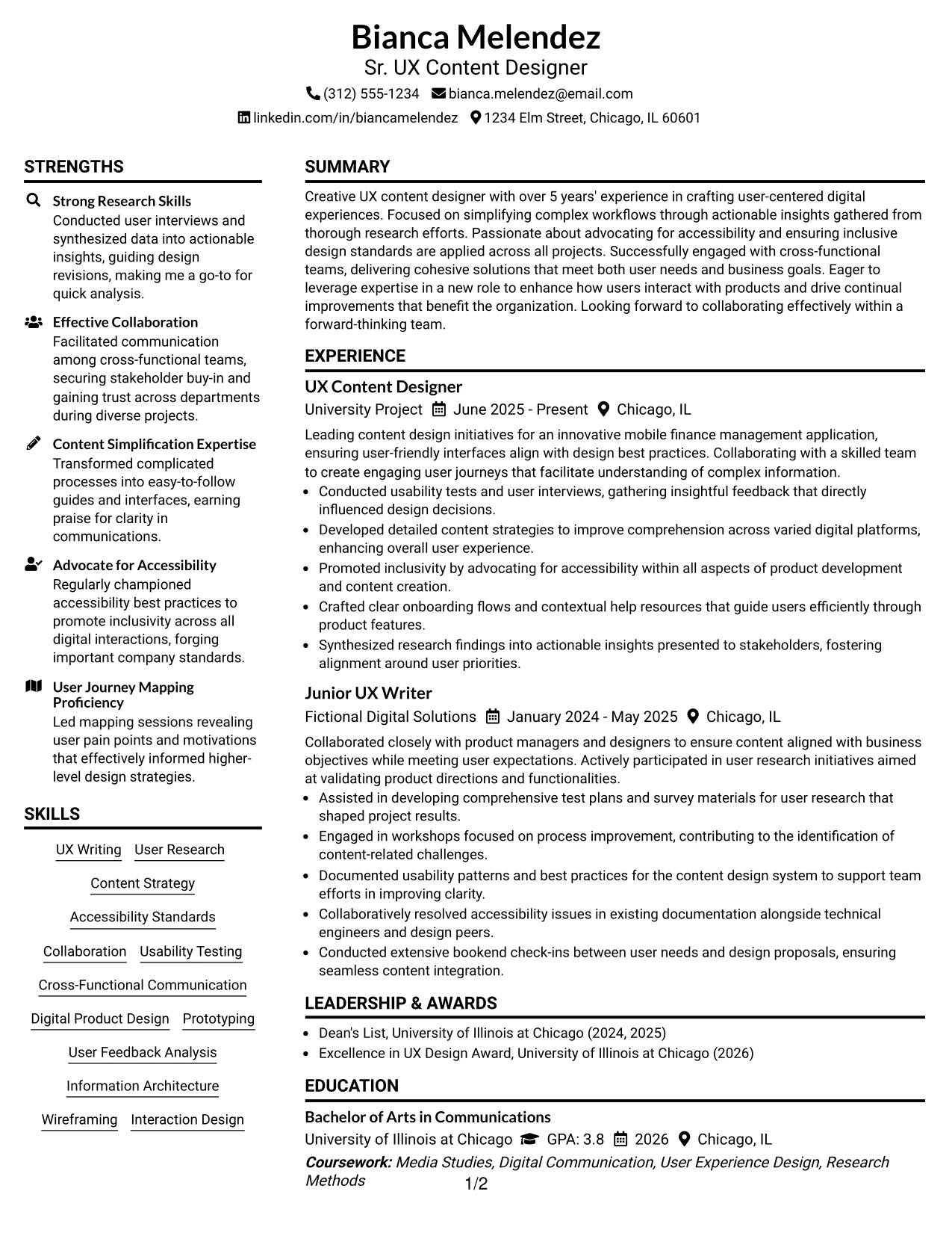 Resume Example Page 1