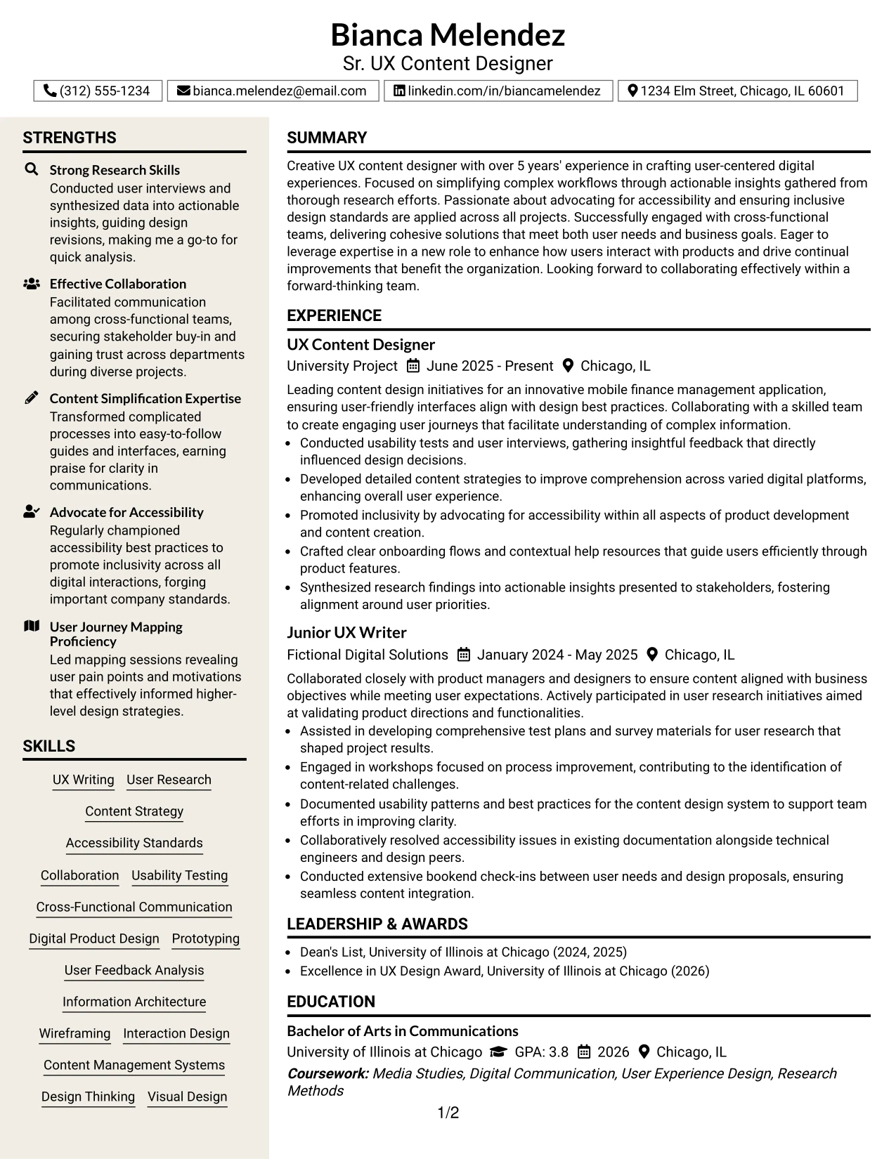 Resume Example Page 1