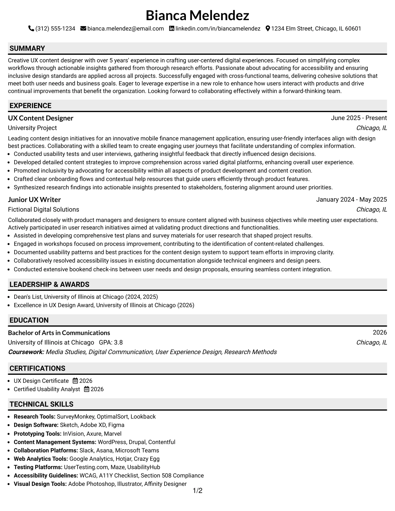 Resume Example Page 1