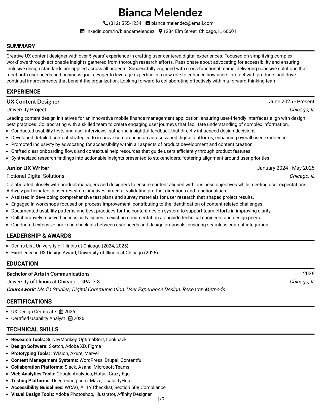 Resume Example Page 1